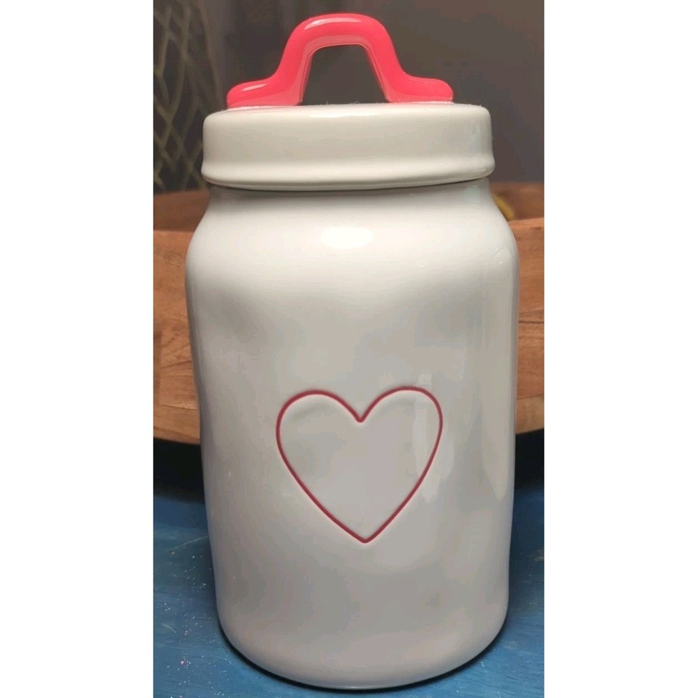 Rae Dunn White Canister Jar W/Red Handle & Heart Artisan Collection Magenta 8"